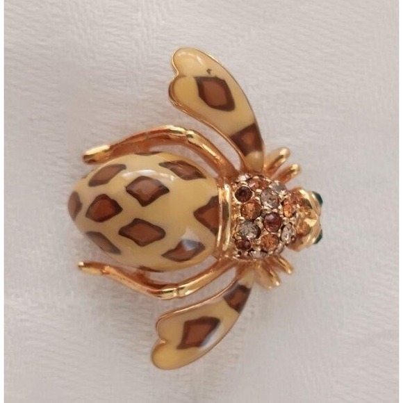 Joan Rivers Rhinestone Enamel Bee Brooch Pin Joan of the Jungle Brown Green Eyes - Picture 1 of 5